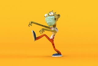 A cartoon Zombie walks with bulging eyes against a colored background.