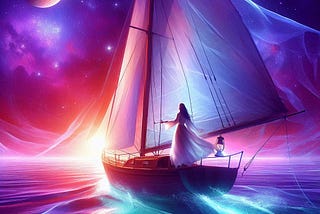 Woman sailing on a magenta sea with Venus in the sky above her