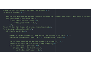 black background with green text of code in Python to check PDF text for words of interest from a list of words