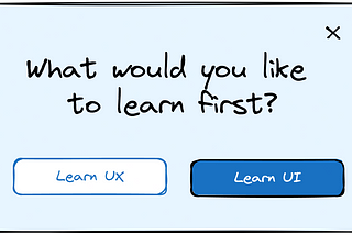 A sketch of a modal element asking “What would you like to learn first?” with CTAs being “Learn UX and Learn UI”