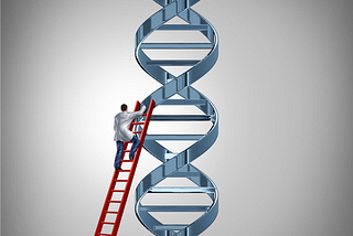 A man in a lab coat climbs up a silver DNA helix, using a red ladder.