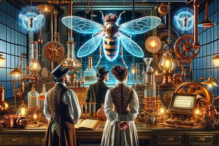 Steampunk scientists examine holograms of insects