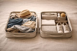 Overpacked suitcase beside a neatly packed one with essentials