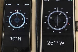Author’s own iPhones side by side. If they can’t agree on where they are, how am I supposed to know which direction to go with a dating app?
