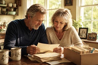 A brother and sister sit together at a kitchen table, quietly reading a handwritten letter from an open shoebox filled with old envelopes. Morning light fills the room, with coffee mugs and a few family keepsakes nearby.
