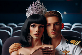 A couple in a movie theatre. One of the couple is a man dressed as a woman wearing a diamond tiara. The other is a naval officer. He has his arm around the other person’s shoulders.