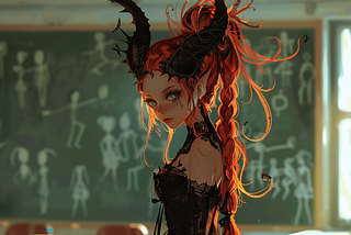 A demon lady with long red braided hair standing in a classroom.