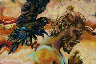 thinking man with beard listening to a two headed crow