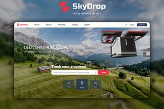 Homepage layout of SkyDrop website featuring a breathtaking aerial view of drones soaring over a scenic rural landscape surrounded by majestic mountains. A solitary house stands amidst a vast field, creating a serene and captivating image. The title ‘SkyDrop — drone delivery service’ is displayed above the picture. The main feature of the homepage, ‘Track your shipment’, is highlighted with a prominent red button for easy access.