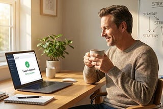 Small business owner smiling at laptop after successful ai implementation, enjoying a streamlined workflow.