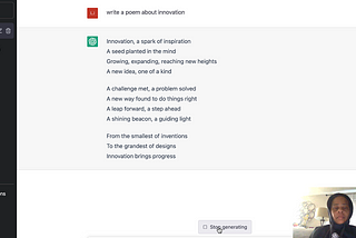 A screenshot of the author using the software. At the far bottom right is a picture of the author and in the center is the screen of a computer showing the final product of a poem about innovation written by the ChatGPT software