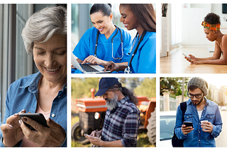 People using an app on their cellphone to communicate with their healthcare provider. Healthcare providers using a program on their laptop to communicate with their patients.