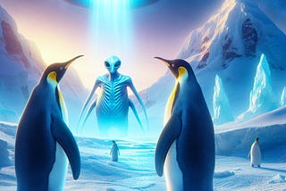 Image of two penguins talking with an alien creature, outside the cavern. The spaceship is still hovering above them. They have stopped glowing because they are not exposed to the radioactivity inside the cave at present. There is no sign of their submarine.