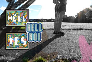 A black and white photo of a runner in a park with coloured artworks over the top that read ‘hell yes’ and ‘hell no’