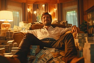 A guy sitting on a pile of money
