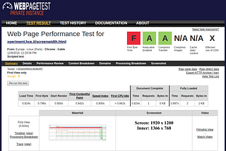 What is the default screen size for Webpagetest’s Amazon Agents?