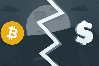 A Bitcoin symbol and a dollar symbol divided by a crack on the BitKong background.