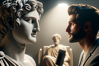 A imagem é uma alusão de uma estatua grega participando de um talkshow, representanto a reflexão que o texto aborda.