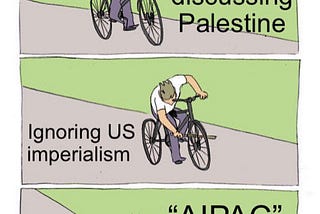 A three frame bike fall meme: In the first frame, a person is riding a bicycle while holding a stick. The caption reads “Liberals discussing Palestine” In the second frame, the same person is putting a stick through the front wheel of the bicycle. The caption reads “ignoring US imperialism“. In the third frame, the bike has fallen over and the person is lying on the ground in front of it holding their right knee and the caption shows them saying “AIPAC”