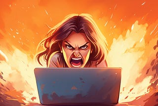 Angry woman ranting on a laptop computer about internet