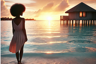 black woman in an afro walking barefoot by a beach at sunset