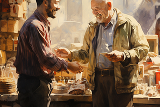 A painting of a salesman introducing a product to a customer.