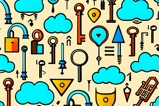 Illustrative pattern featuring vibrant icons of clouds, keys, locks, arrows, and tech elements on a light beige background.