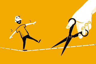 Illustration of a person balancing on a tightrope while a large hand with scissors approaches the rope from the side.