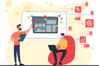 Data Product Workshop illustration with two men, one pointing at a board while the other is looking at a laptop