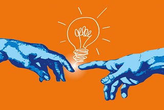 Two hands reaching out to a illuminated lightbulb.