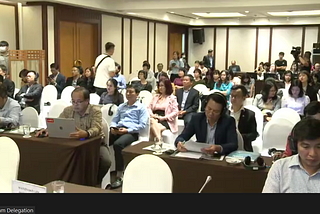 Press room in Viet Nam during the UN Sea of Solutions conference, 2020. Screenshot by Clare O’Beara.