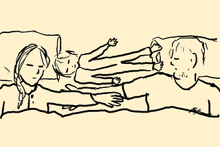 A line drawing of three people in a bed: A man and woman reach to hold each other’s arms while a small child rests horizontally between their faces, holding them apart