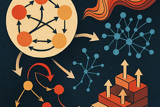 A 2D digital illustration showing interconnected systems: graphs, arrows, and abstract nodes representing variables, flowing through layered networks and complex patterns, evoking the idea of cause and effect in dynamic systems.