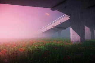 A bridge extends into a misty blue-purple sky. The viewer is under a portion of this bridge at eye-level with red flowers and green bushes.
