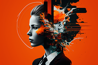 A bold and artistic visual representation of a future-focused Young Marketer with an orange backdrop and minimalist and abstract features. Marketing strategy as represented by intelligence and a bold artistic expression.