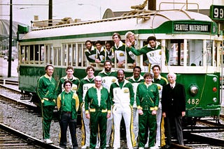 1979 Seattle Supersonics basketball team at the Seattle waterfront