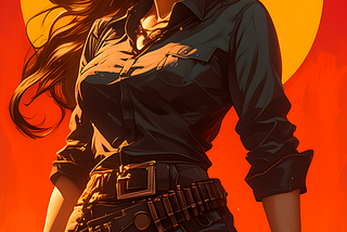 Badass cowgirl with pistol drawn and big sun behind her.