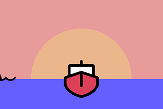 An illustration of a single ship sailing away from a setting sun on the horizon in open waters, with sharks lurking behind.