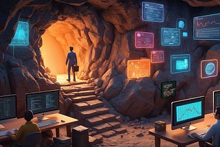 Illustration of a man with a suit and briefcase preparing to leave a cave filled with technology workers.
