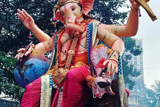 Idol of Lord Ganesh aka the Elephant-God on the way to immersion in the Arabian Sea on the day of Anant Chaturthi which marks the end of the annual10-day long Ganesh Festival celebrated across India. Here, Lord Ganesh is depicted in the form of ‘Vishwakarma’ aka ‘all maker’ or ‘the craftsmen deity’ — seated on a Goose, and holding a paint-brush, a hammer and a measuring scale.