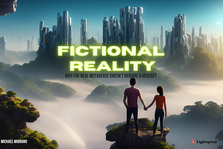 An AI-generated image of two people holding hands, standing on the edge of a cliff, overlooking a futuristic, utopian city, which is emerging from the center of a tropical valley.