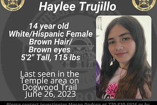 Haylee Trujillo is a 14 years of age and was last seen in the area of Dogwood Trail in Temple just after midnight. Photo from the Facebook page of the Carroll County Sheriff’s Office.