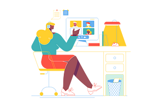 A colorful illustration of an individual sitting at a desk talking to peers on a video call.