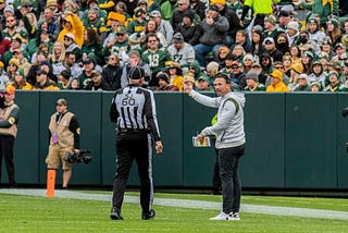 Green Bay Packers head coach Matt LaFleur argues with a referee during an NFL game at Lambeau Field in Green Bay.