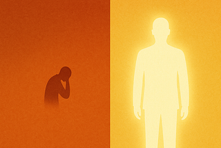 A split image shows a dark figure hunched over with their head in their hand on the left — symbolizing being overqualified and underpaid — contrasted by a bright, glowing, upright figure on the right that represents well-being. Image credit: The Ratchet Sage™ (Ebony L. Green) — “Employee vs. Consultant Comparison Visual” under the following license: Authentic Distinction™ exclusive.