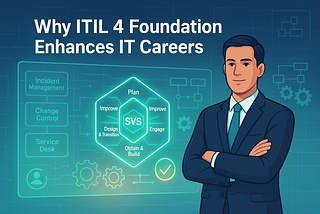 Illustration of a confident professional in a suit standing beside a digital ITIL 4 Foundation framework diagram, highlighting how the certification enhances IT careers.