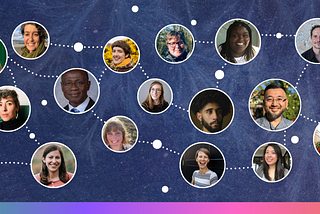 A graphic visual showing a cosmic blue background dotted with the circular headshots of the series contributors, hosts and producers, all connected by dotted white lines. Participants are represented by little white circles, punctuating the space.
