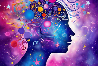 Prompt: an abstract representation of a creative mind: The image should depict a human head in profile, crafted from swirling, vibrant colors that suggest a galaxy of ideas. The colors should be a mix of bright blues, purples, and pinks, symbolizing imagination and creativity. Within the contours of the head, there should be small, sparkling stars and nebulae-like formations, representing the birth of new thoughts and concepts. The background should be a soft, gradient sky