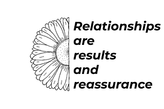 A line drawing of half a flower with the phrase “Relationships are results and reassurance” in bold next to it