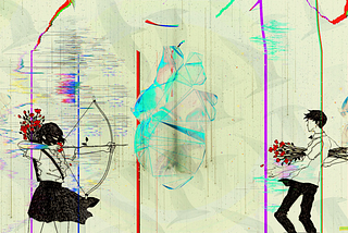An artwork of a girl drawing a bow and arrow made of red flowers aimed at a boy holding a bouquet, symbolizing PyArrow, the Python bindings of the Apache Arrow.